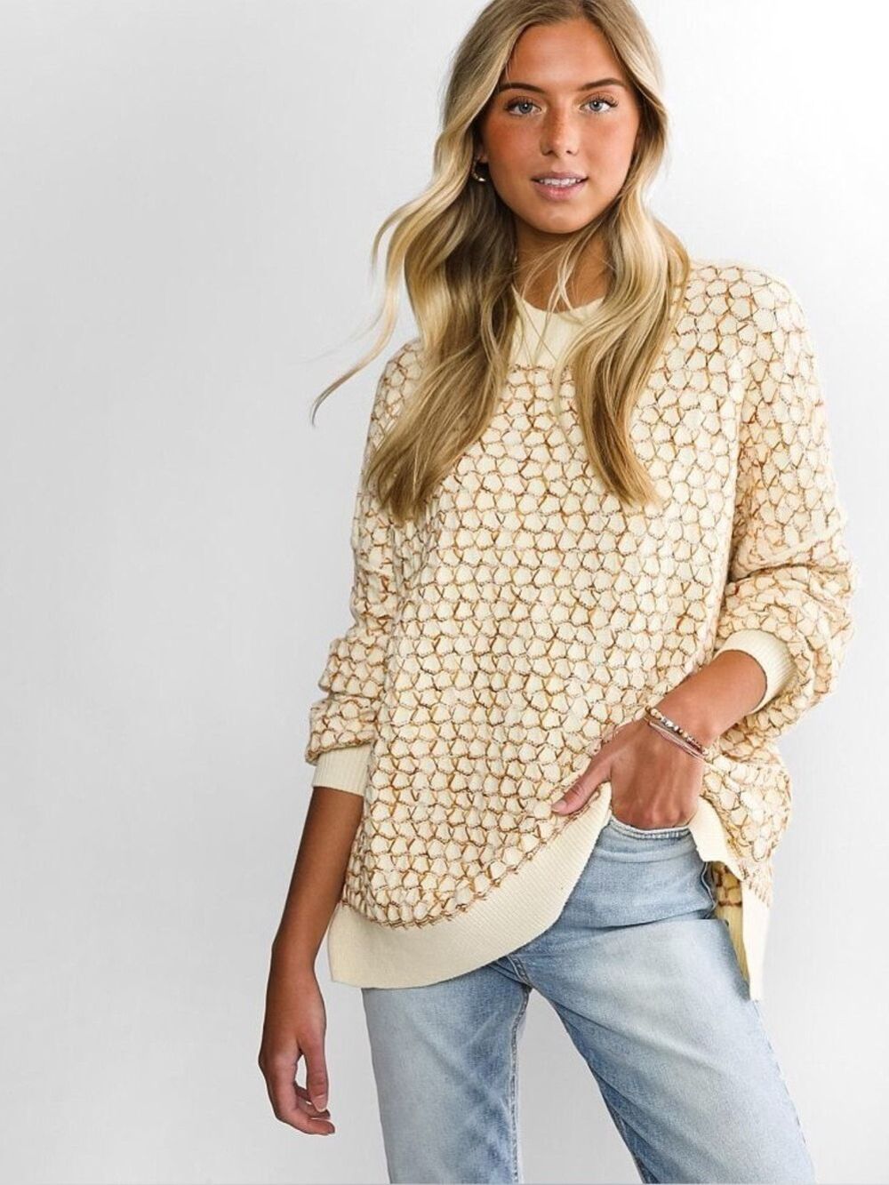 Gilded Intent Mock Neck Sweater Honeycomb Knit Oversized Medium
